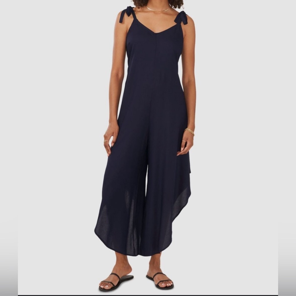 Vince Camuto Women’s XS Navy Blue Linen V Neck Tie Strap Cropped Jumpsuit